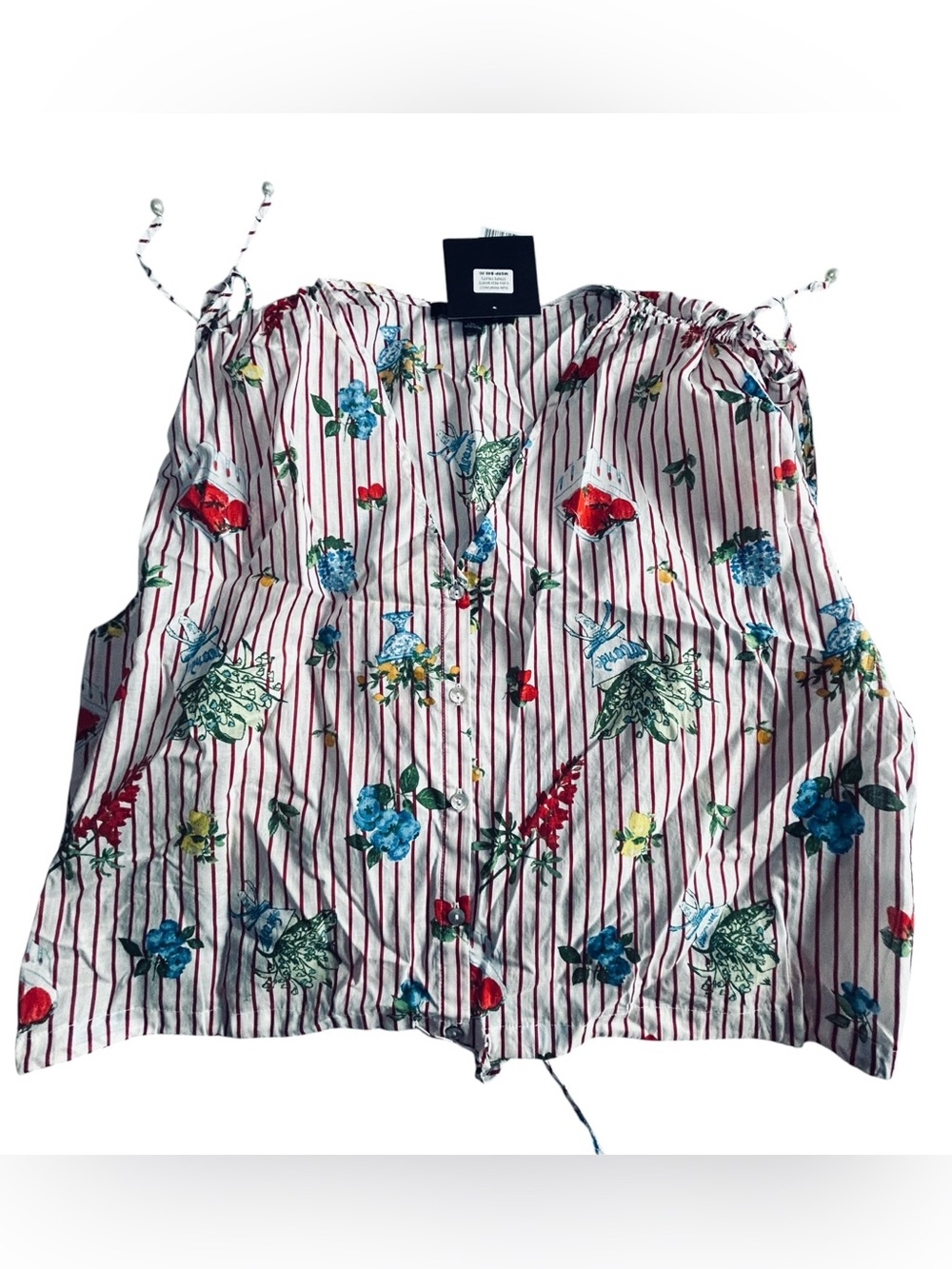 Striped Floral Drawstring Crop Top - White with Red Stripes